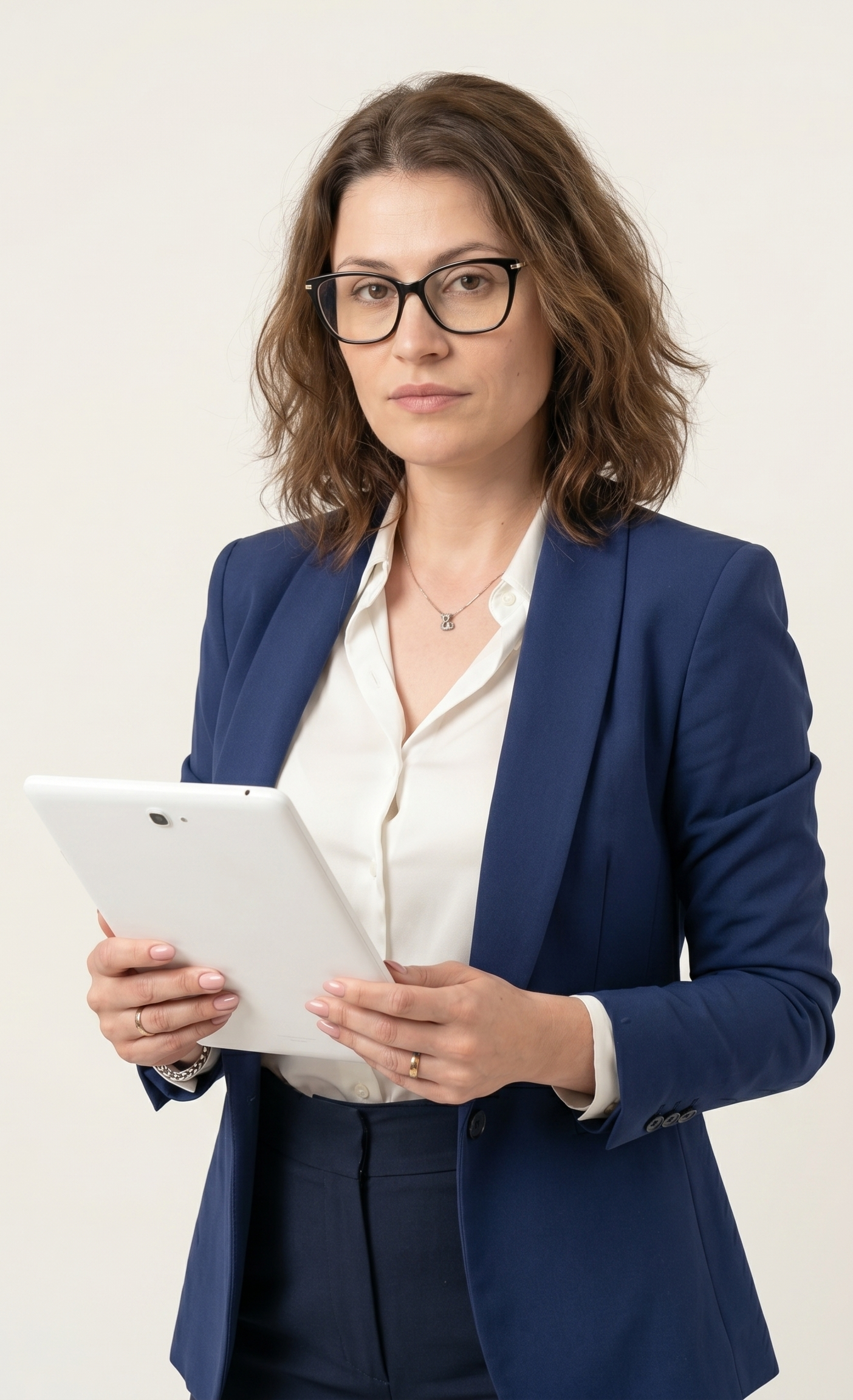 Profissional segurando tablet, em ambiente corporativo