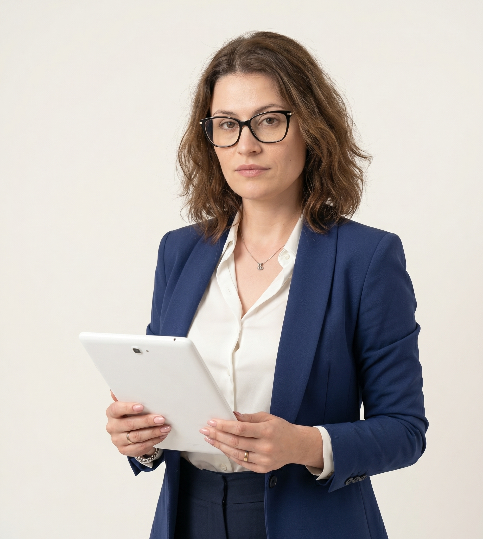 Eveline Luchese, advogada, utilizando um tablet